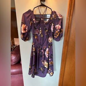 Purple Floral Mini Dress with Puff Sleeves